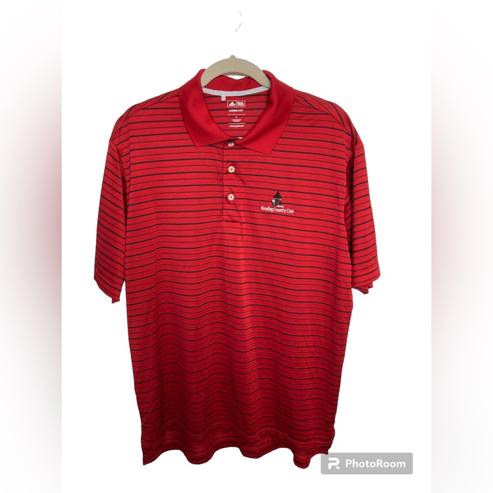 Adidas red/black short sleeve golf polo shirt. Reading. Large